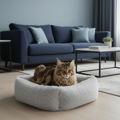 Panier chat gris clair Maine Coon salon bleu