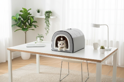 Panier chat gris sur bureau