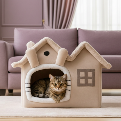 Panier chat maison - salon mauve chat marron