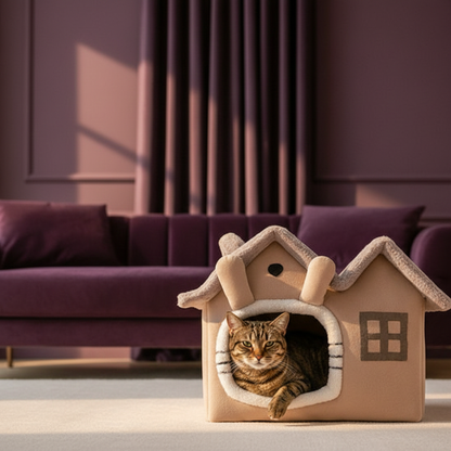 Panier chat maison - salon mauve profond