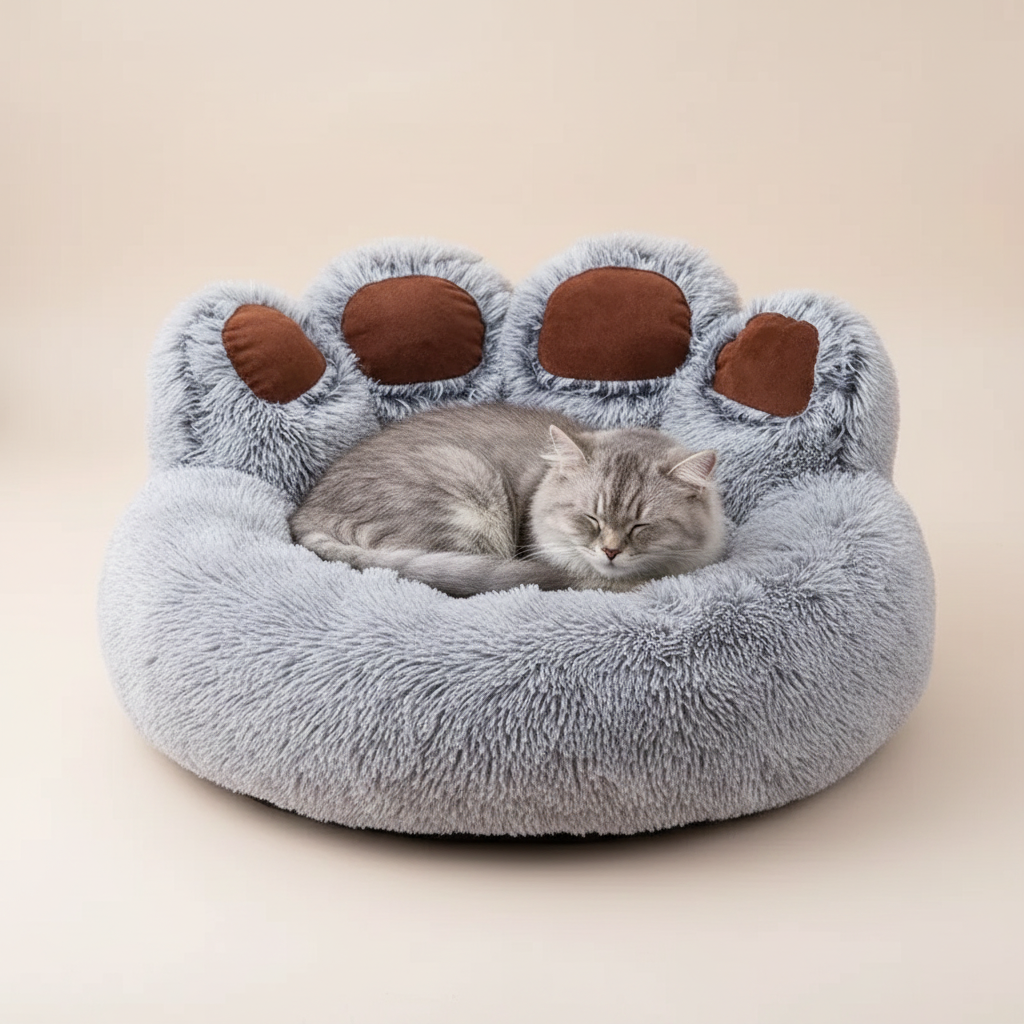 Panier chat patte d'ours gris 60cm avec chat