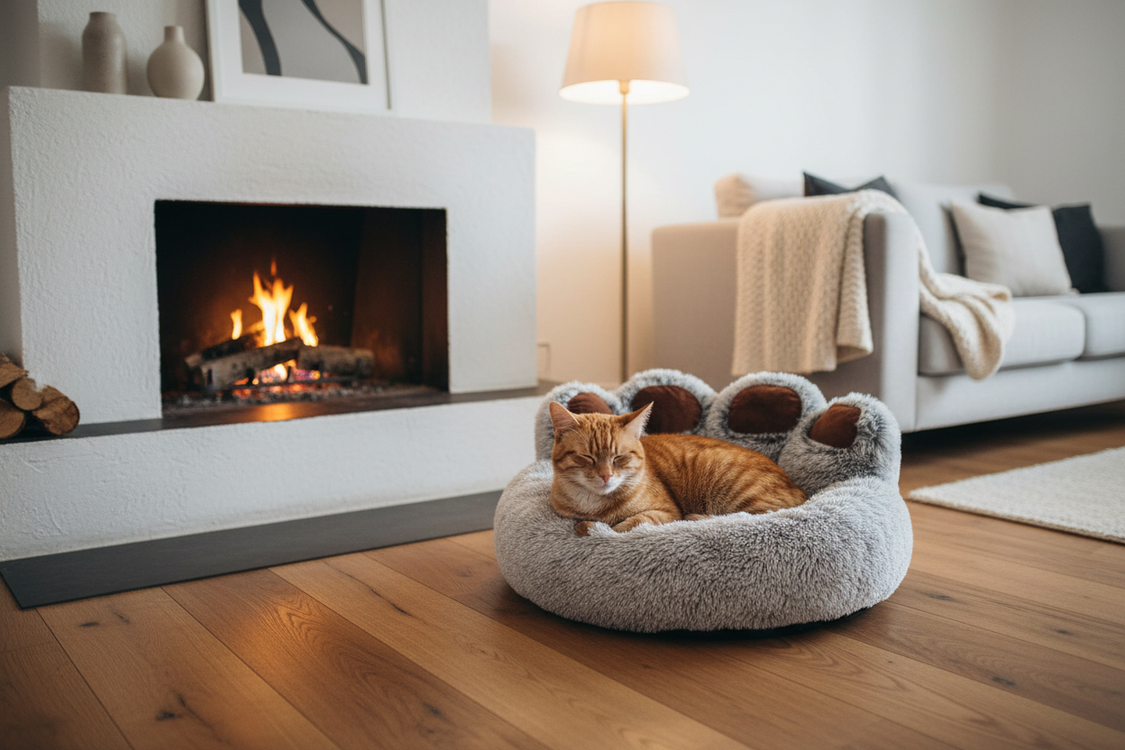 Panier gris - chat roux - salon scandinave