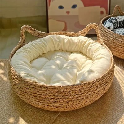 Panier osier Chat tissu coton blanc