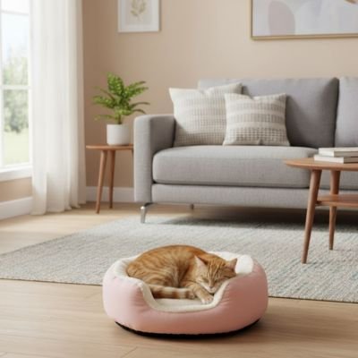 Panier pour chat dans salon et chat roux dort