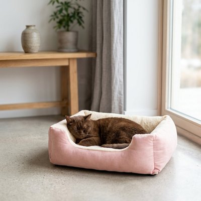 Panier pour chat de couleur rose et beige