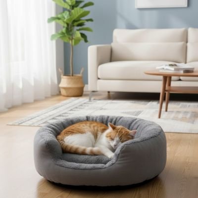 Panier pour chat gris et chat dort devant canapé 