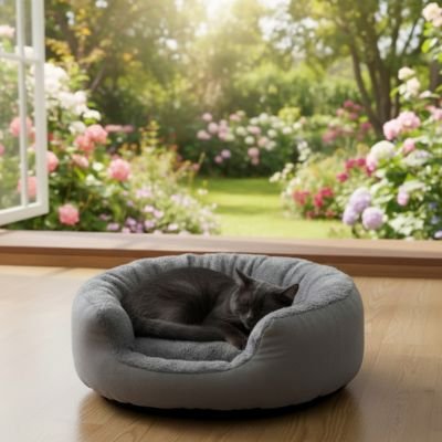 Panier pour chat gris et chat noir dort devant fenêtre 