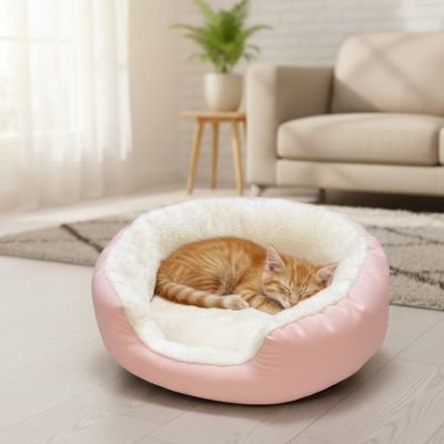 Panier pour chat rose et chat qui dort dans salon