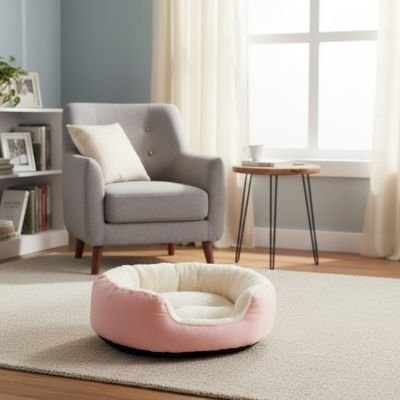 Panier pour chat rose posé dans le salon coté fauteuil