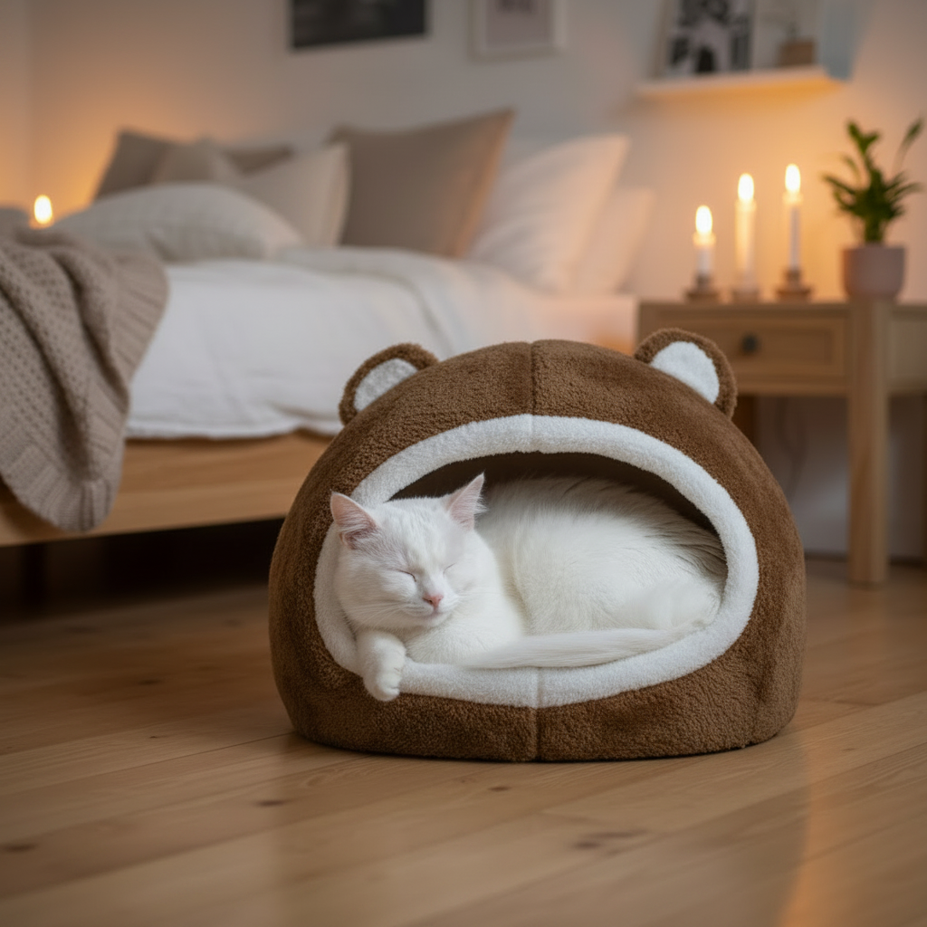 Panier pour chat tête d'ours - ambiance scandinave cosy