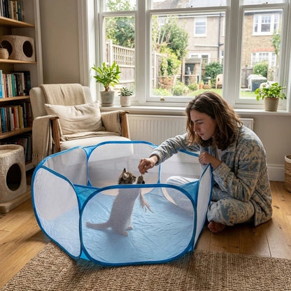Parc à Chat bleu chaton joue avec homme dans salon
