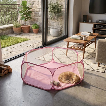 Parc à Chat rose chaton dort dedans au salon