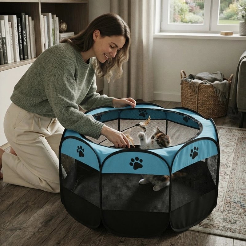 Parc pour Chat bleu chat joue avec femme toit ouvert