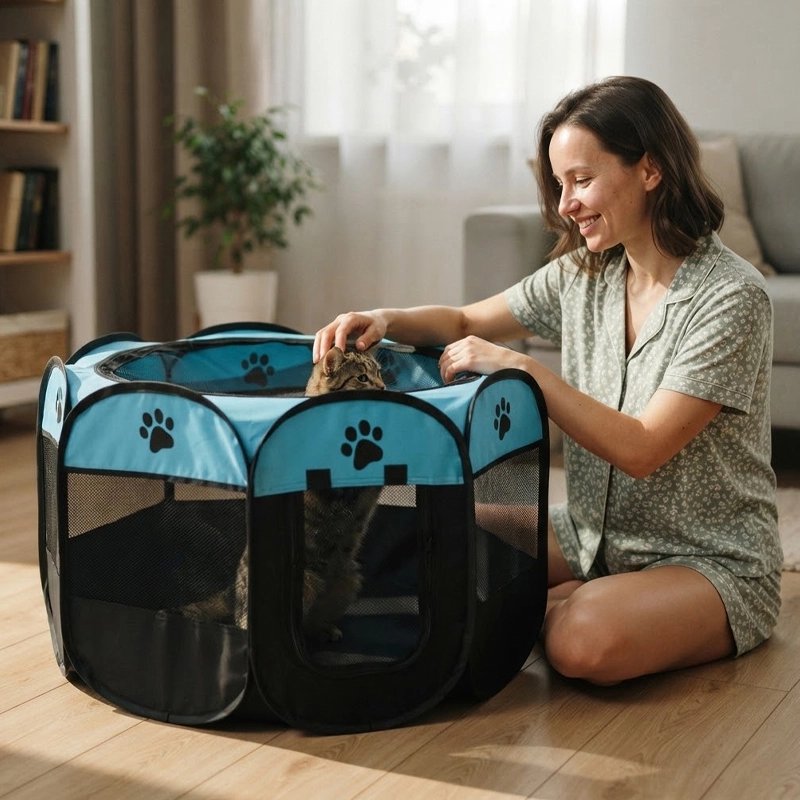 Parc pour Chat bleu femme caresse chat par dessus ouvert