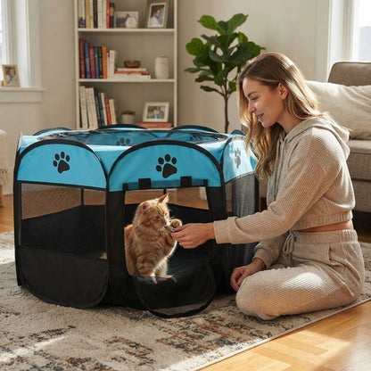Parc pour Chat bleu femme joue avec chat dedans