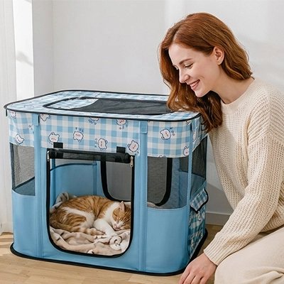 Parc pour Chat bleu femme regarde chat qui dort dedans