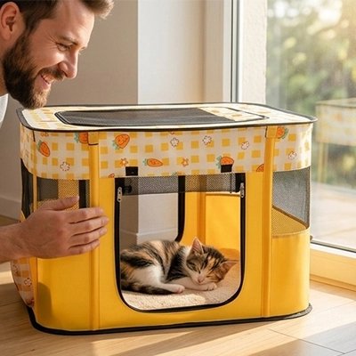 Parc pour Chat jaune avec chaton qui dort homme regarde