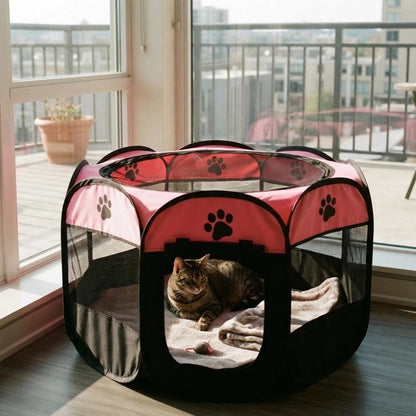 Parc pour Chat rose dans véranda chat couché 