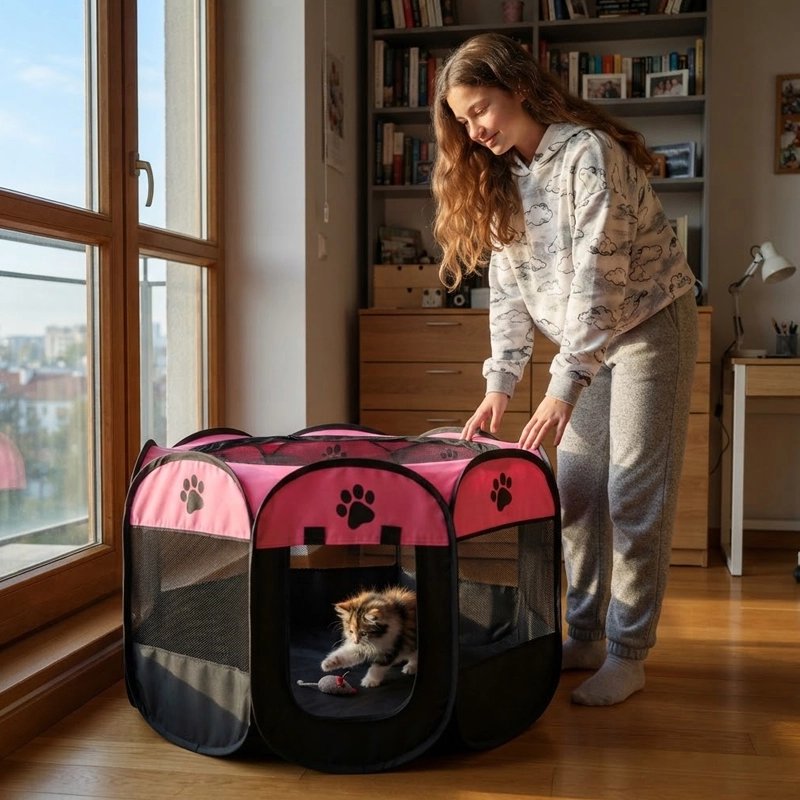 Parc pour Chat rose devant fenêtre avec chat dedans