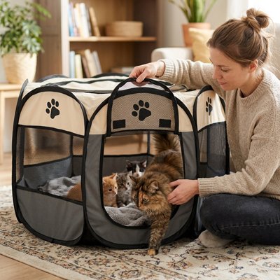 Parc pour Chat une chatte ses petits et femme jouent