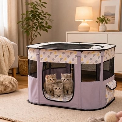 Parc pour Chat violet avec 3 chatons à l'intérieur 