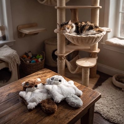 peluches Jeux pour Chat posées sur la table