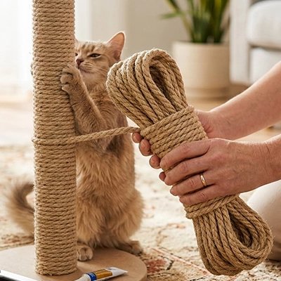  Personne met corde arbre a chat et chat fait griffes