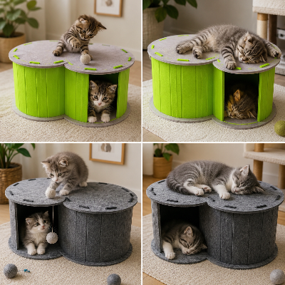 plusieurs chatons sur maison pour chaton dans différentes positions 