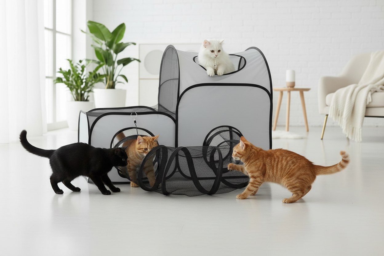Plusieurs chats jouant dans le tunnel gris