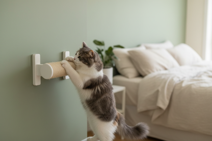 Poteau horizontal chat gris chambre verte