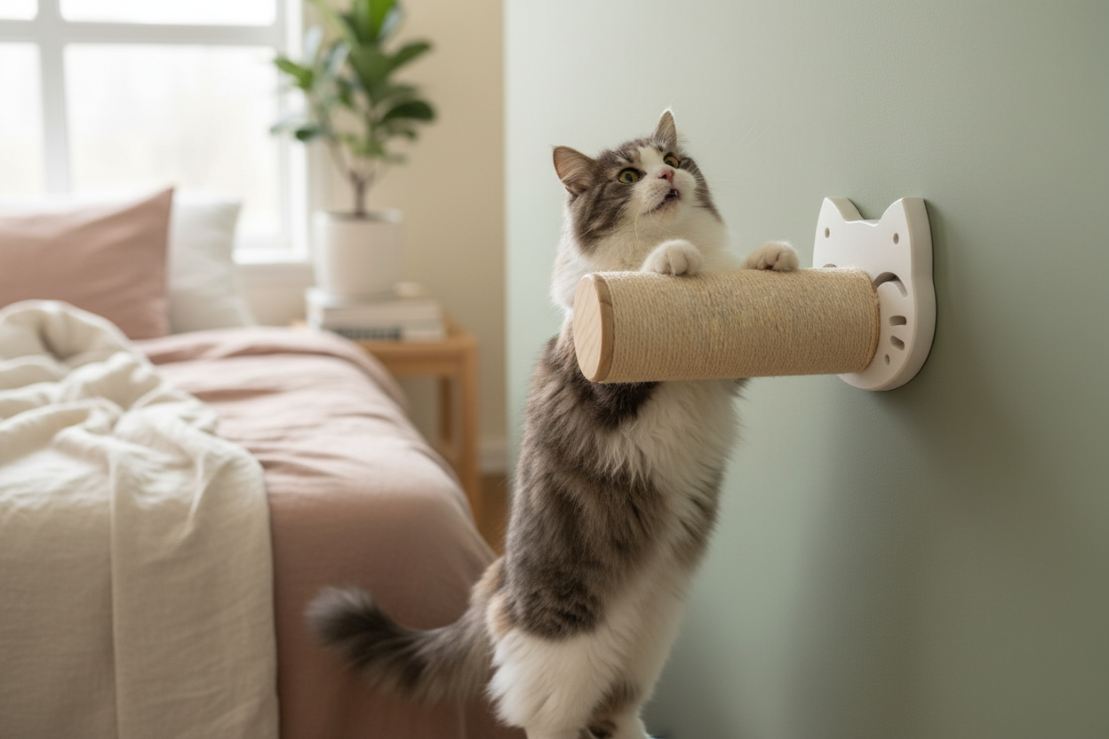 Poteau horizontal fixé mur un côté chat gris