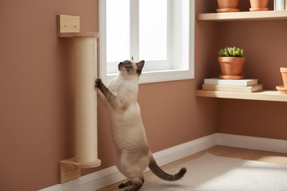 Poteau vertical chat siamois mur terracotta