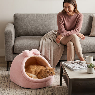Niche pour Chat Douillette avec Nœud | Cocon Peluche S/M/L | Chatjoue