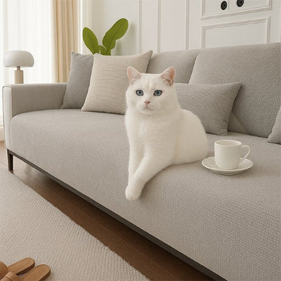 Protection canapé chat gris clair chat blanc couché avec tasse 