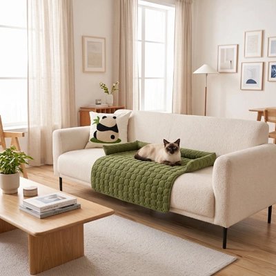 Protection canapé Chat vert avec un siamois couché dessus