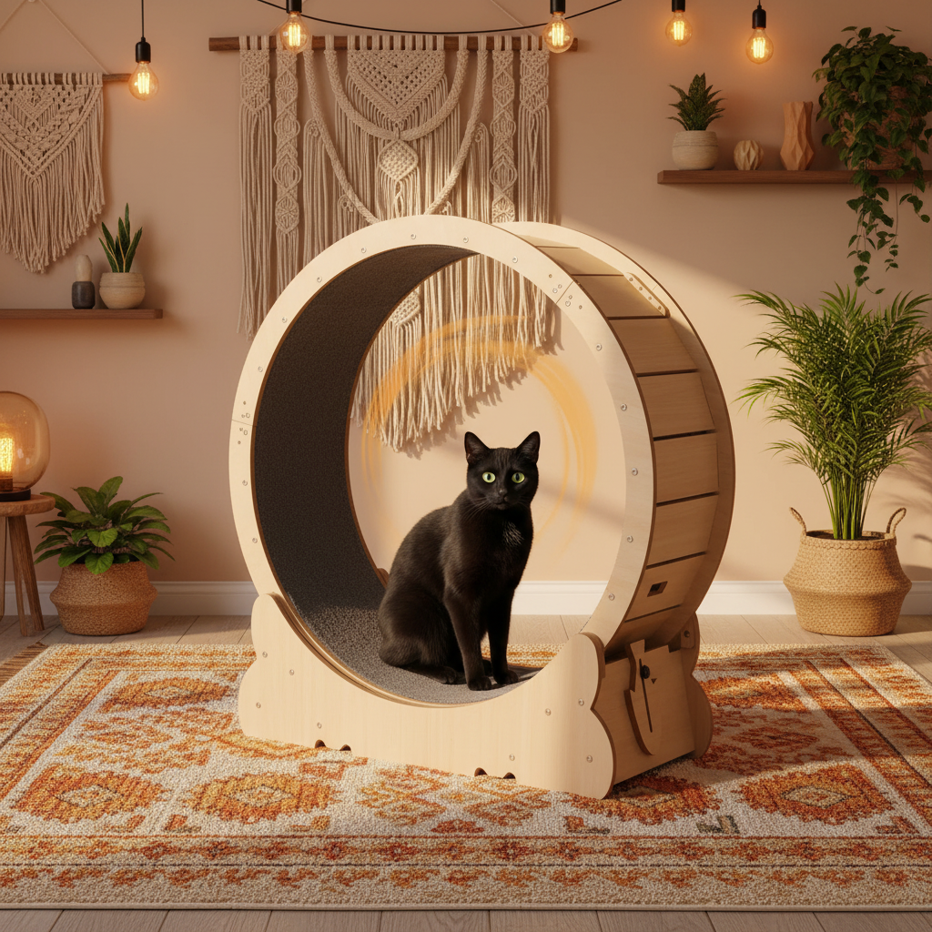Roue bois - chambre bohème - chat noir