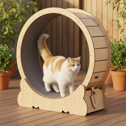 Roue bois - terrasse dorée - chat bicolore