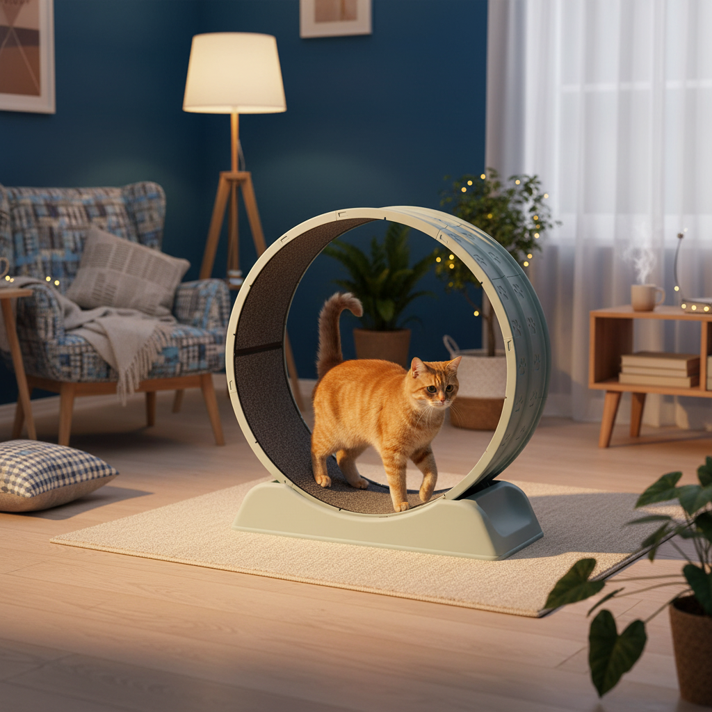 Roue d'exercice avec chat caramel