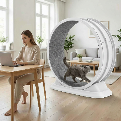 Roue pour chat blanche femme travail chat court