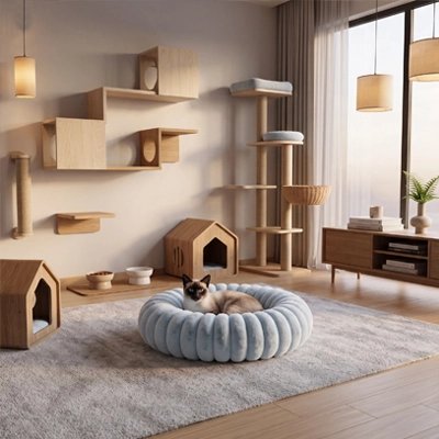 siamois couché sur Coussin pour Chat dans salle de jeux 