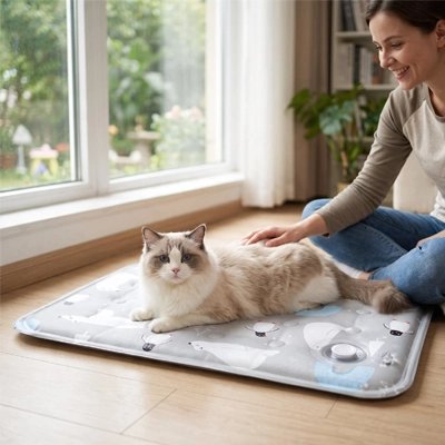 siamois couché sur Tapis rafraichissant Chat femme assise le caresse