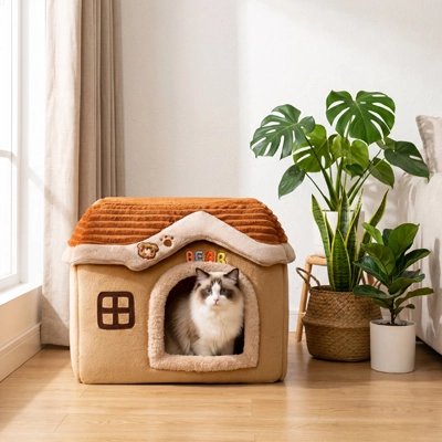 siamois dans Maison pour chat marron devant fenêtre 