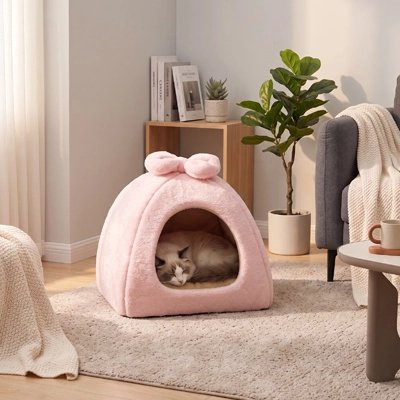 Siamois dort dans Maison pour chat rose au salon