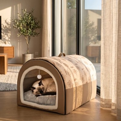 siamois dort Maison pour chat devant baie vitrée