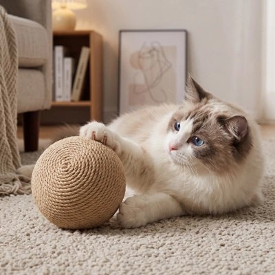 siamois joue avec Balle pour chat dans le salon