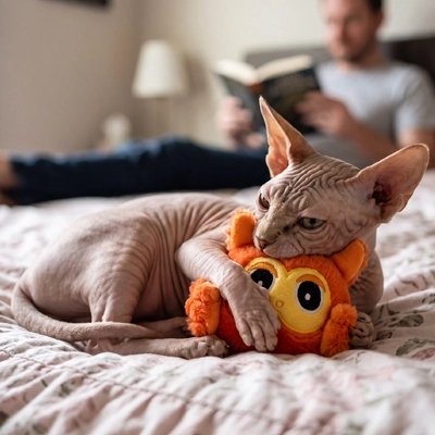 sphynx joue avec Jouet pour Chat chien sur le lit