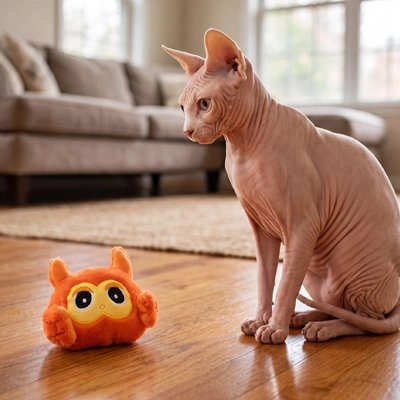 sphynx regarde Jouet pour Chat  chien sur le sol
