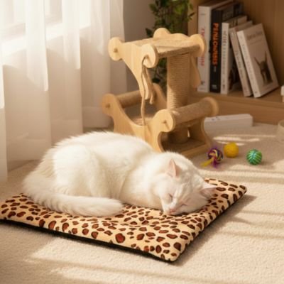 Tapis chat avec chat blanc dort entouré de jouets