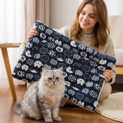 Tapis Chat avec des têtes de chat blanches fond bleu