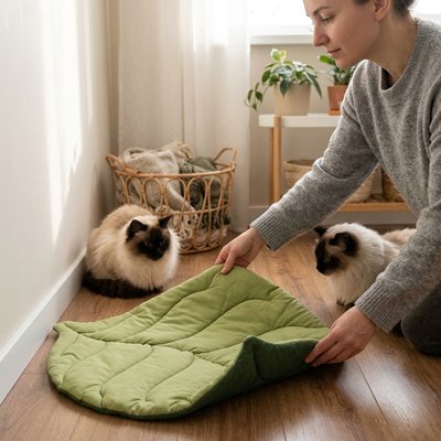 Tapis Chat couleur verte claire et foncé avec chat